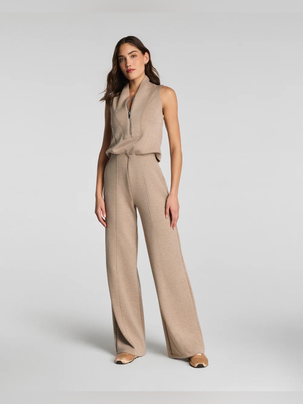 SPANX AirEssentials Quarter Zip Sleeveless Jumpsuit in Dune Heather, Size Small